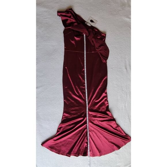 One-Shoulder Ruffle Trim Formal Long Sheath Evening Dress Wine Size XL - Picture 5 of 10